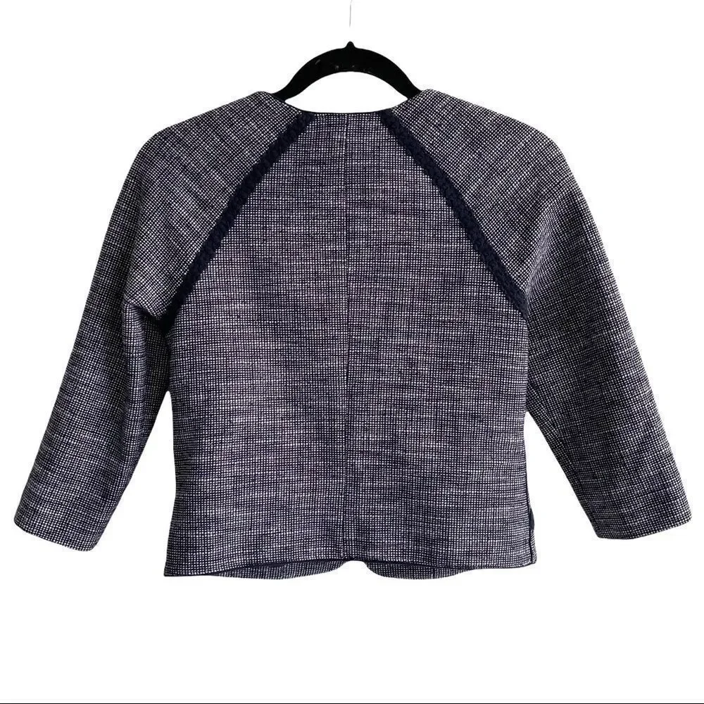 J. CREW Navy Blue Tweed Cropped Collarless Zip Front Blazer Jacket 0
